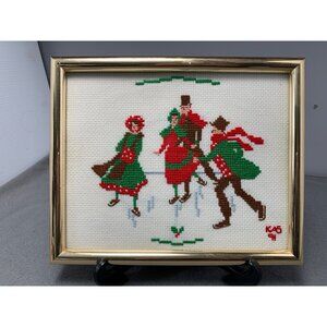 Vintage Framed Cross-Stitch Victorian Ice Skating Scene Signed KAB 1991